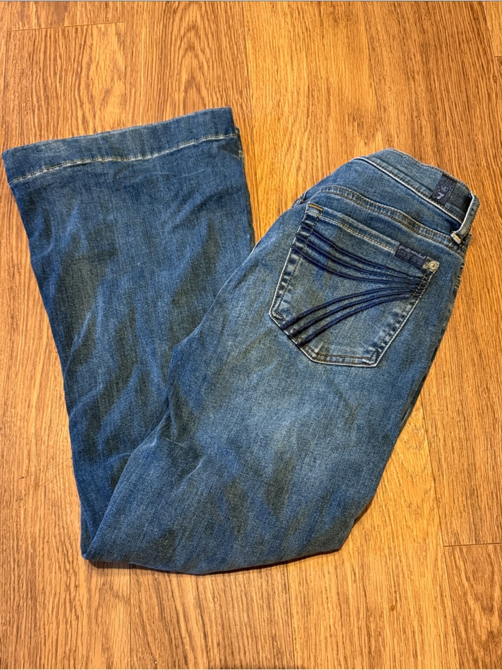 7 For All Mankind Blue Denim Flared Jeans with Signature Back Stitching